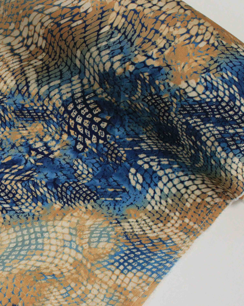 Tecido Viscose Premium Pintura Abstrata Geométrica Azul e Argila