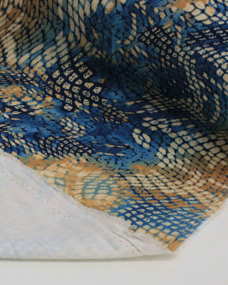 Tecido Viscose Premium Pintura Abstrata Geométrica Azul e Argila