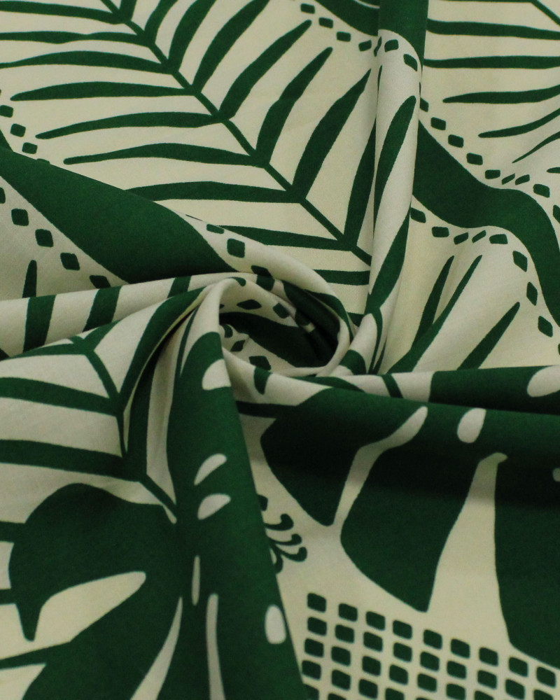 Tecido Viscose Premium Barrado Floral Tropical Creme e Verde