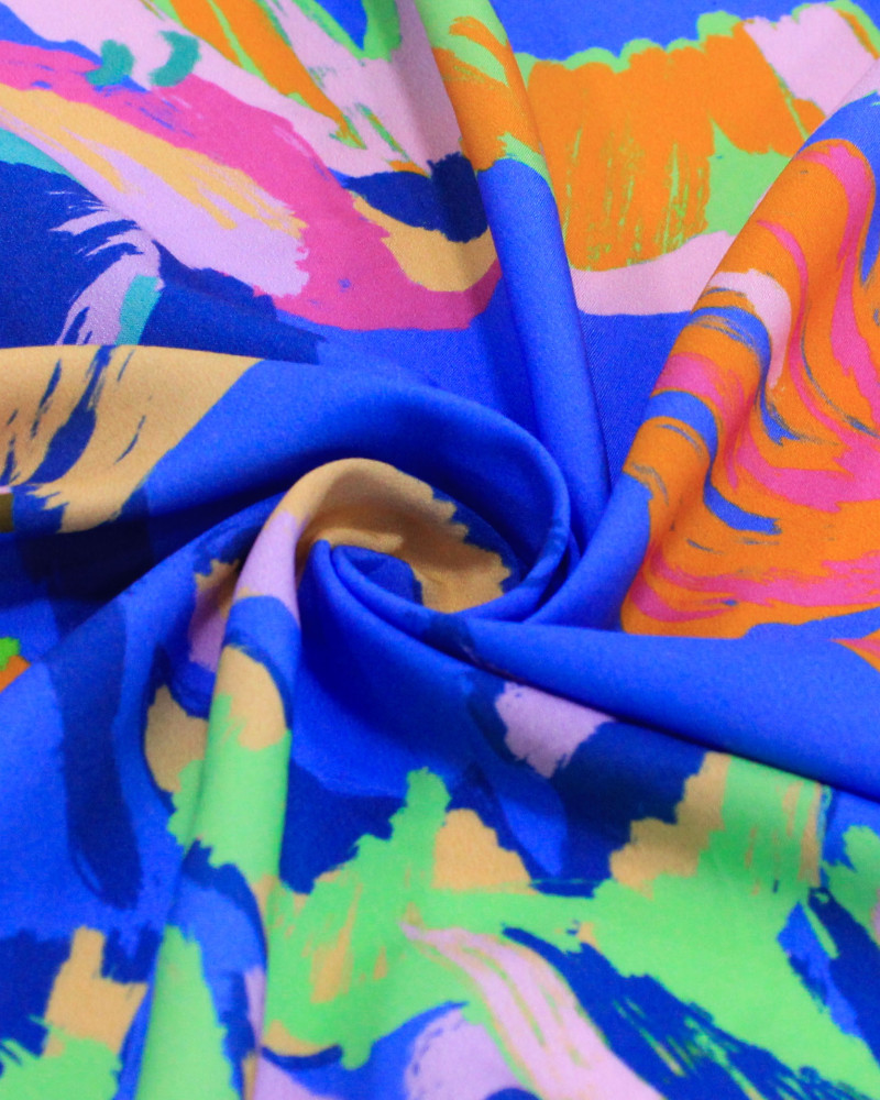 Tecido Viscose Premium Estampa Tropical Abstrata Colorido e Azul