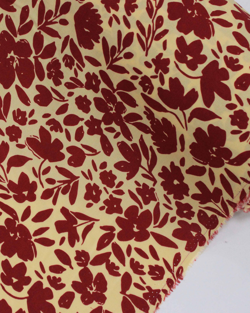 Tecido Viscose Ramos Abstratos Vermelho e Amarelo