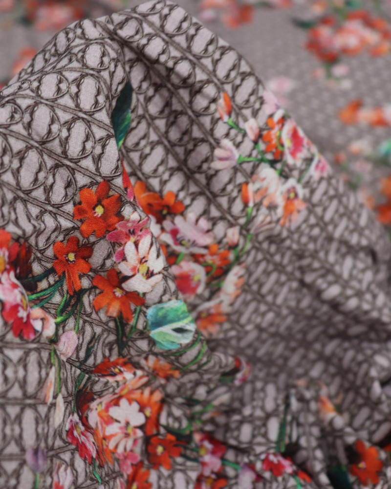 Tecido Viscose Flores e Geométrico Cinza