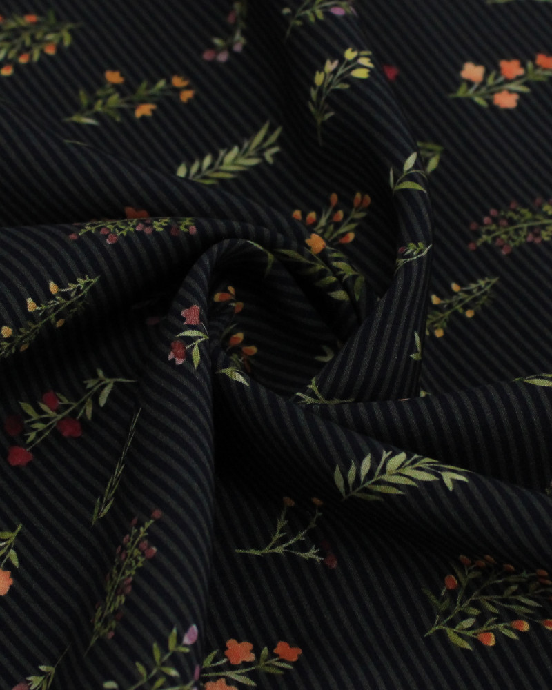 Tecido Viscose Premium Ramos Florais Coloridos em Listras Cinza e Preto