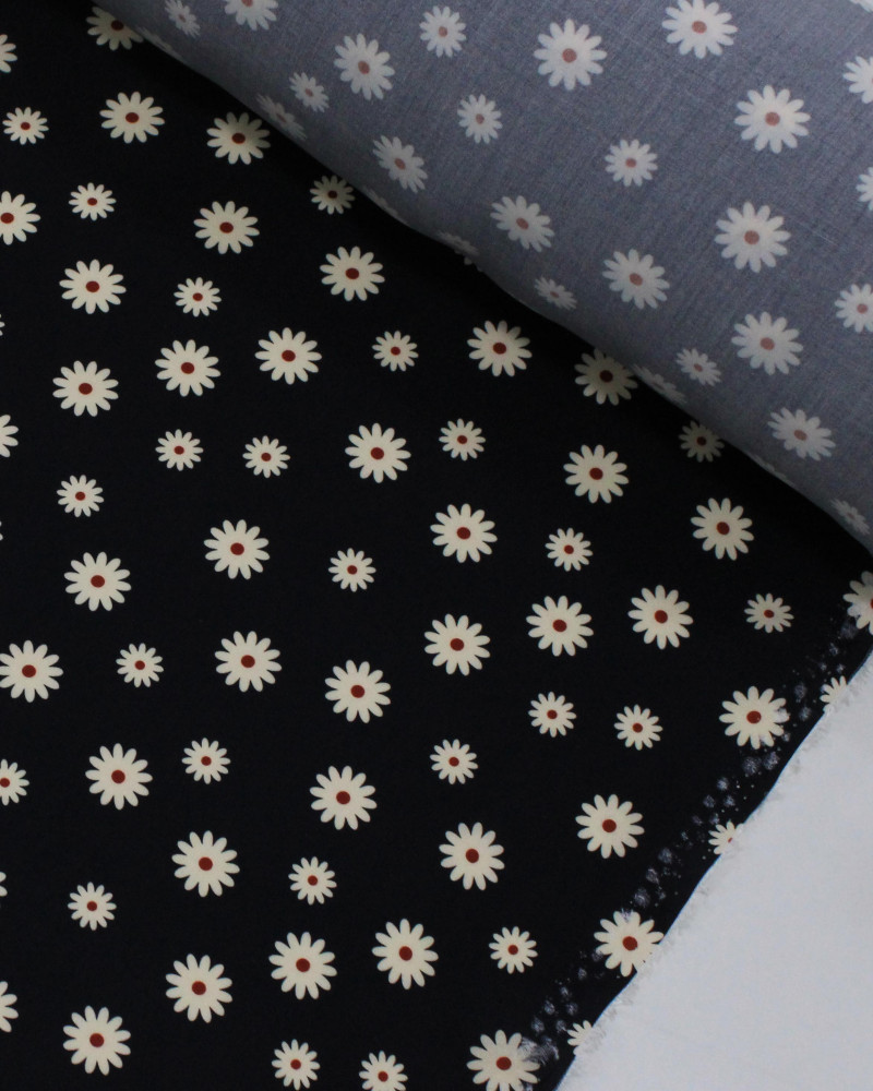 Tecido Viscose Premium Ramos Florais Marrom, Pêssego e Preto