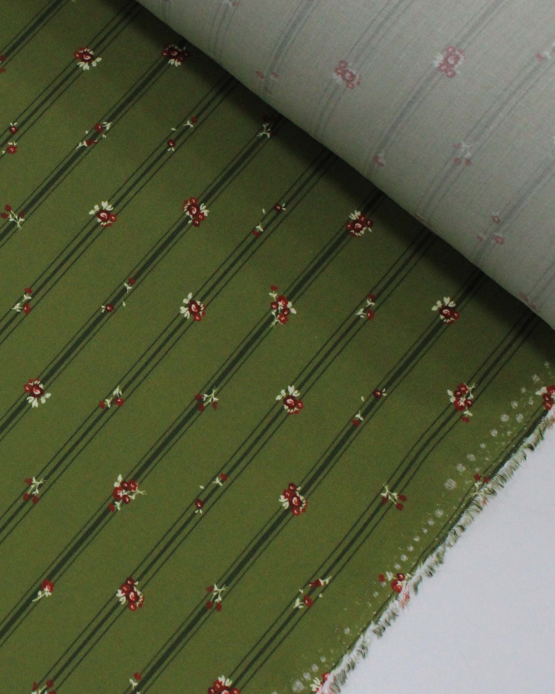 Tecido Viscose Premium Micro Buquês Florais Coloridos em Listras Tons de Verde