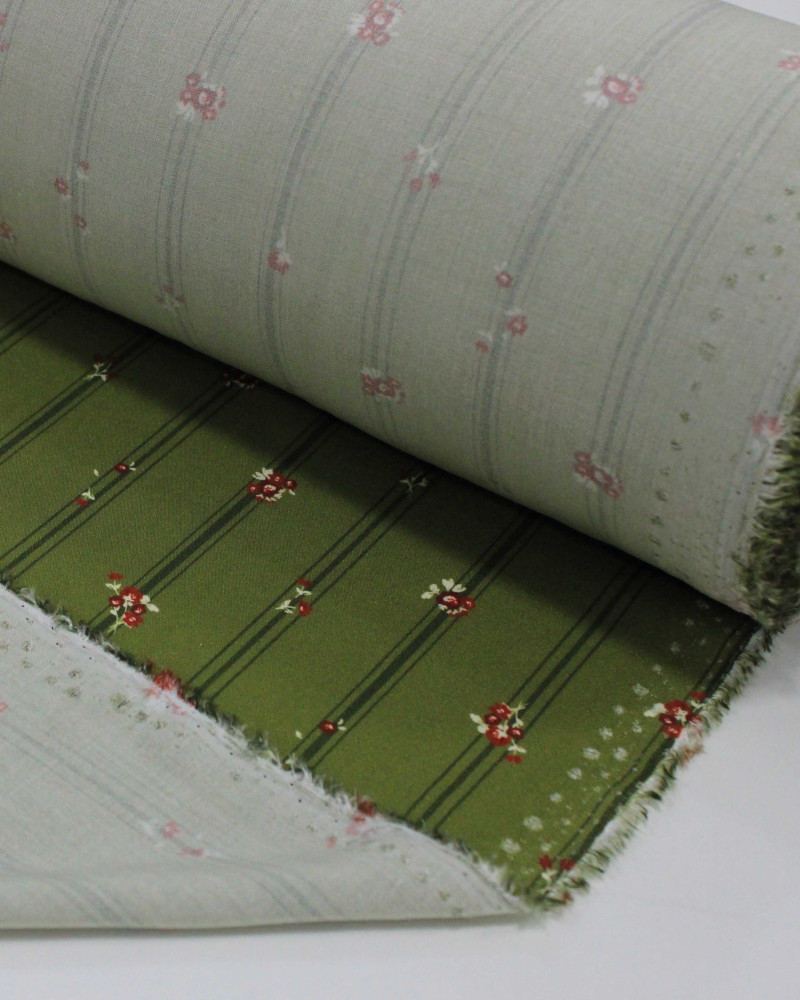Tecido Viscose Premium Micro Buquês Florais Coloridos em Listras Tons de Verde