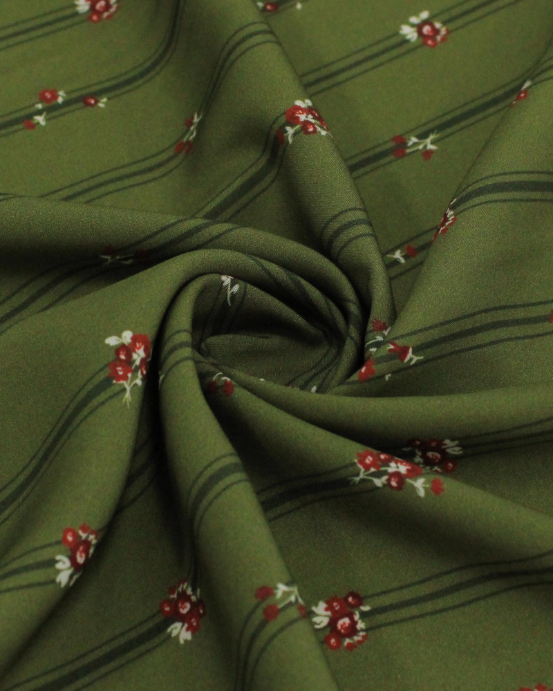 Tecido Viscose Premium Micro Buquês Florais Coloridos em Listras Tons de Verde