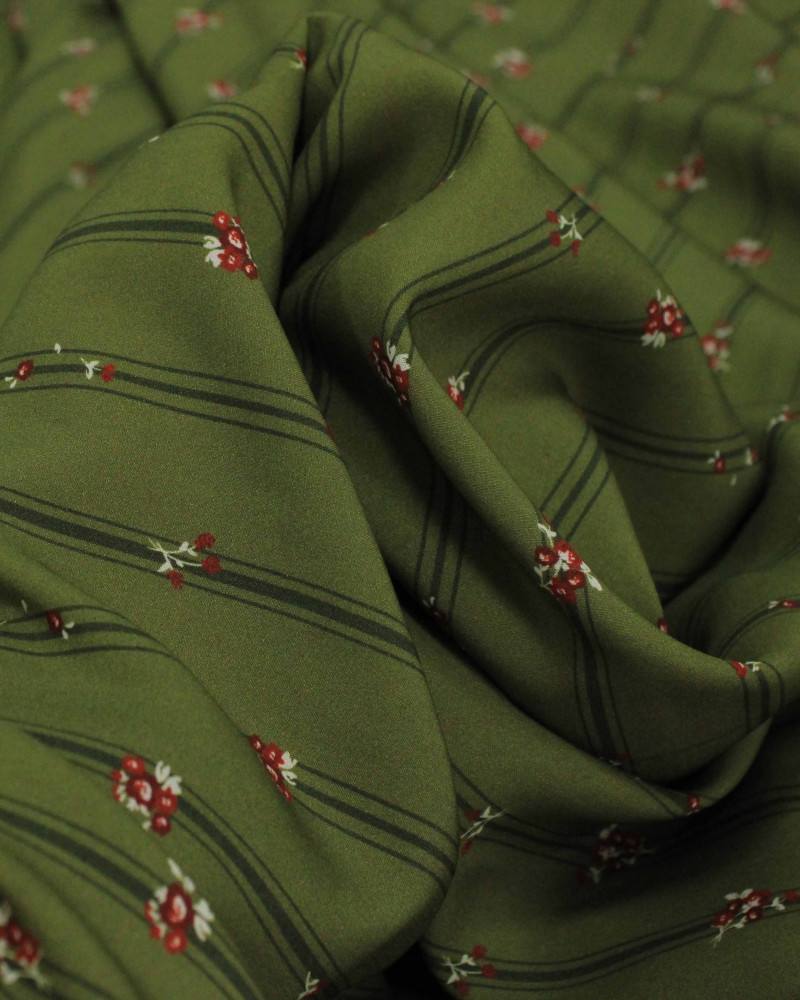 Tecido Viscose Premium Micro Buquês Florais Coloridos em Listras Tons de Verde