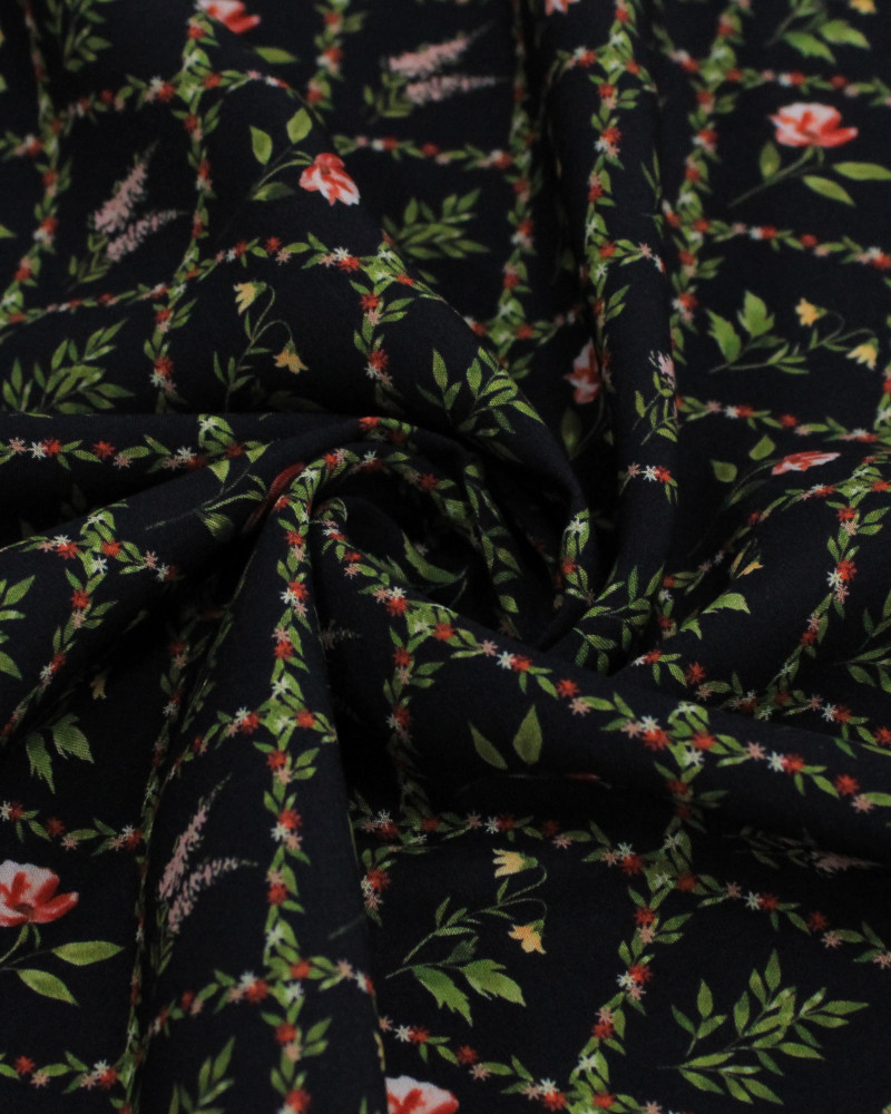 Tecido Viscose Premium Ramos e Flores em Recortes Colorido e Preto
