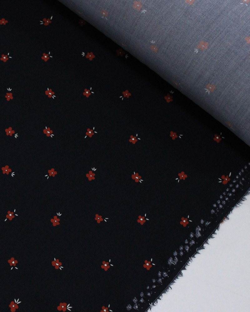 Tecido Viscose Premium Micro Flores Branco, Vermelho e Preto