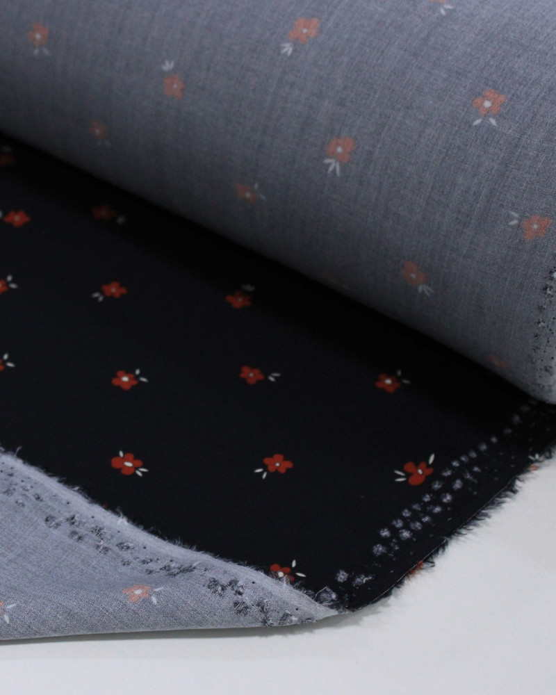 Tecido Viscose Premium Micro Flores Branco, Vermelho e Preto