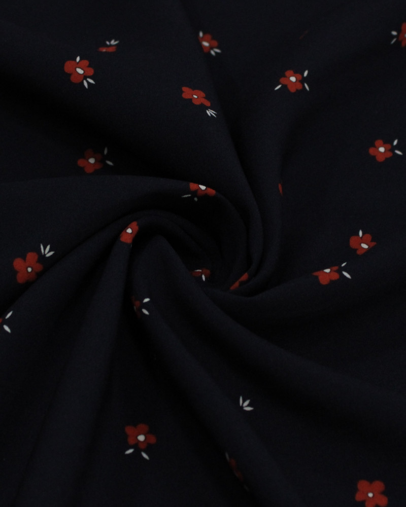 Tecido Viscose Premium Micro Flores Branco, Vermelho e Preto