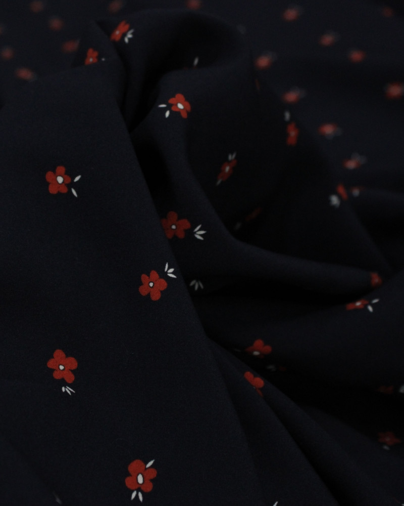 Tecido Viscose Premium Micro Flores Branco, Vermelho e Preto