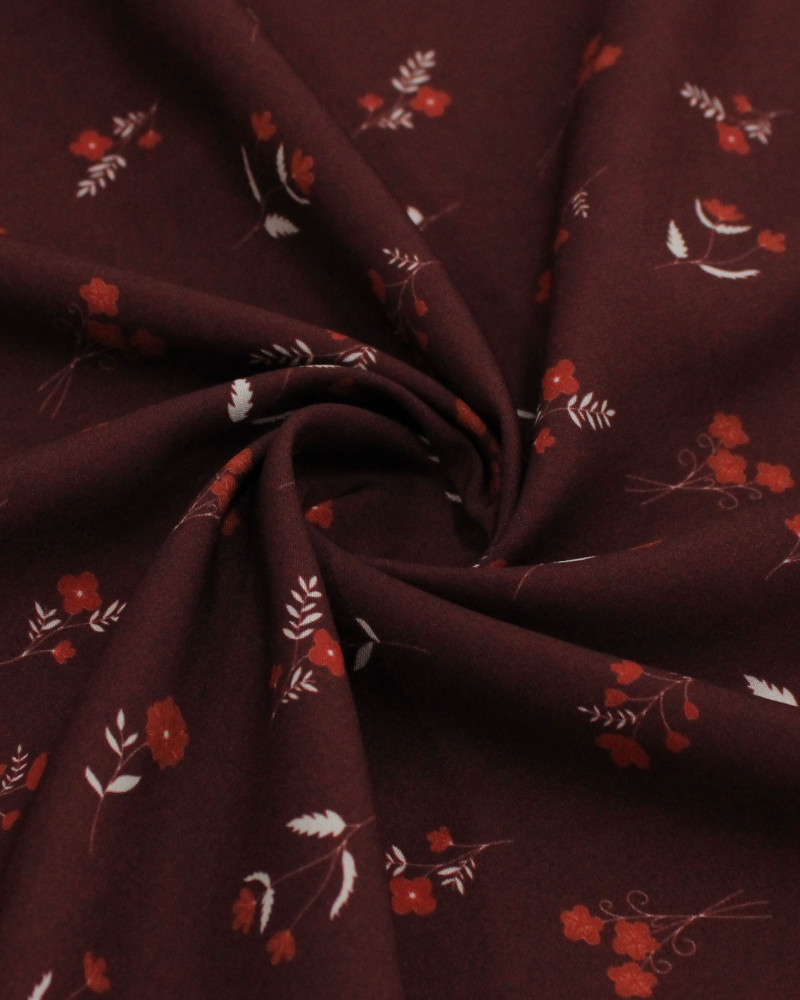 Tecido Viscose Premium Micro Ramos Florais Branco, Vermelho e Marsala