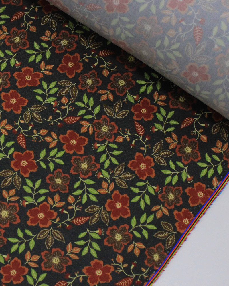 Tecido Viscose Premium Flores e Ramos Colorido e Cinza Chumbo