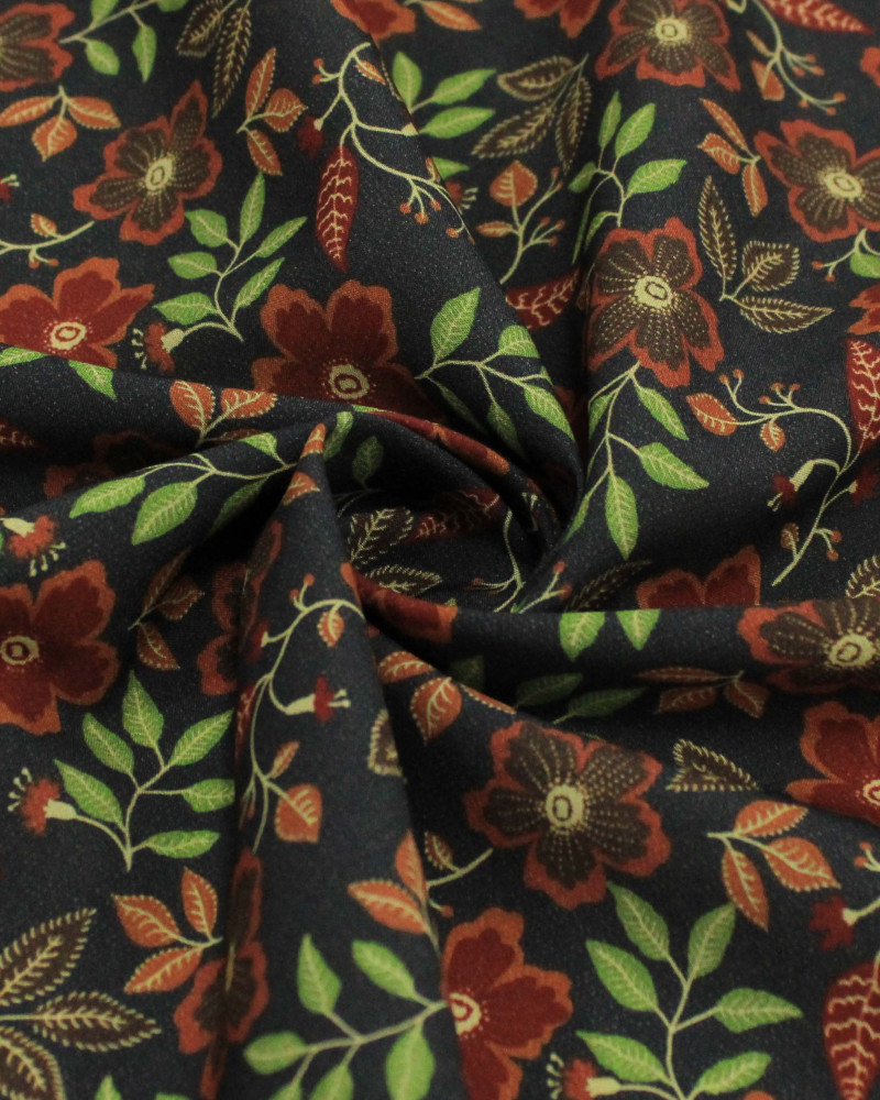 Tecido Viscose Premium Flores e Ramos Colorido e Cinza Chumbo