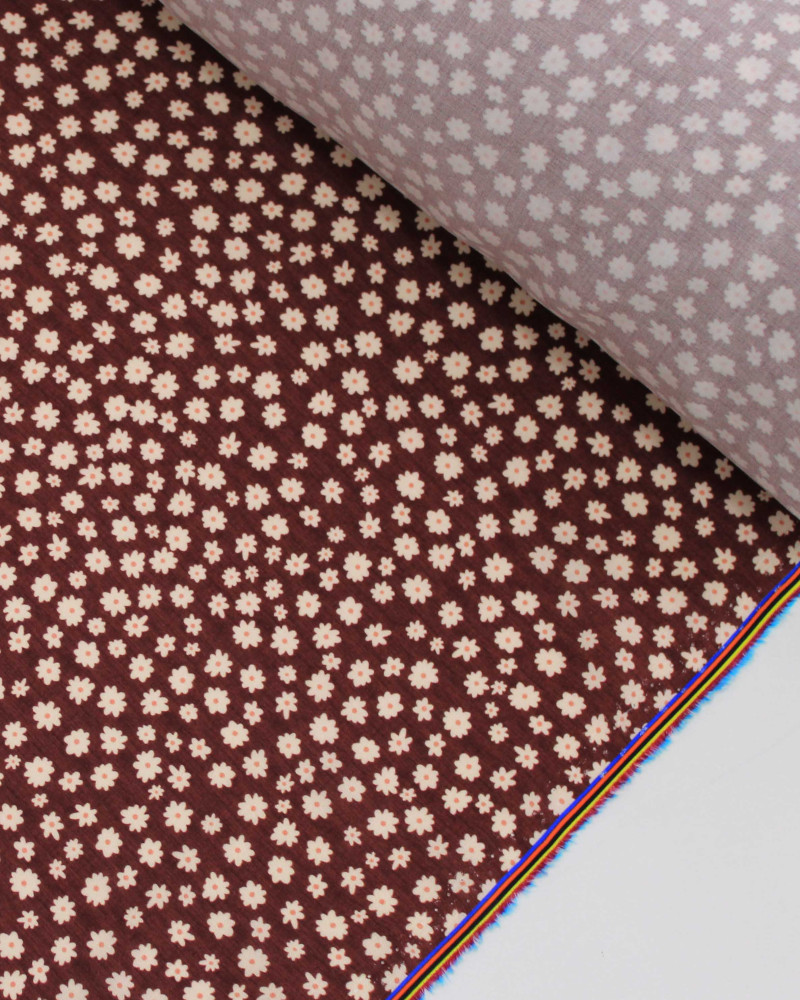 Tecido Viscose Premium Micro Flores Irregulares Amarelo, Branco e Marrom