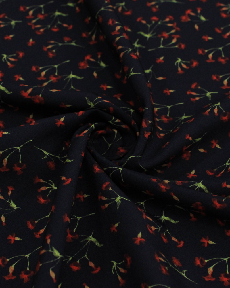 Tecido Viscose Premium Micro Ramos Florais Vermelho, Verde e Preto