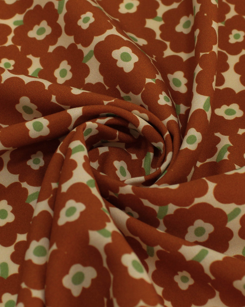 Tecido Viscose Premium Campo Floral Abstrato Verde, Marrom e Creme