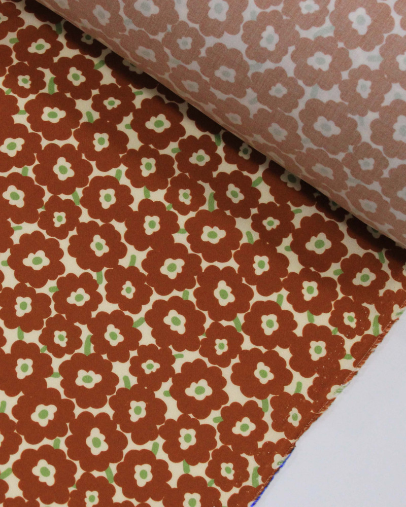Tecido Viscose Premium Campo Floral Abstrato Verde, Marrom e Creme