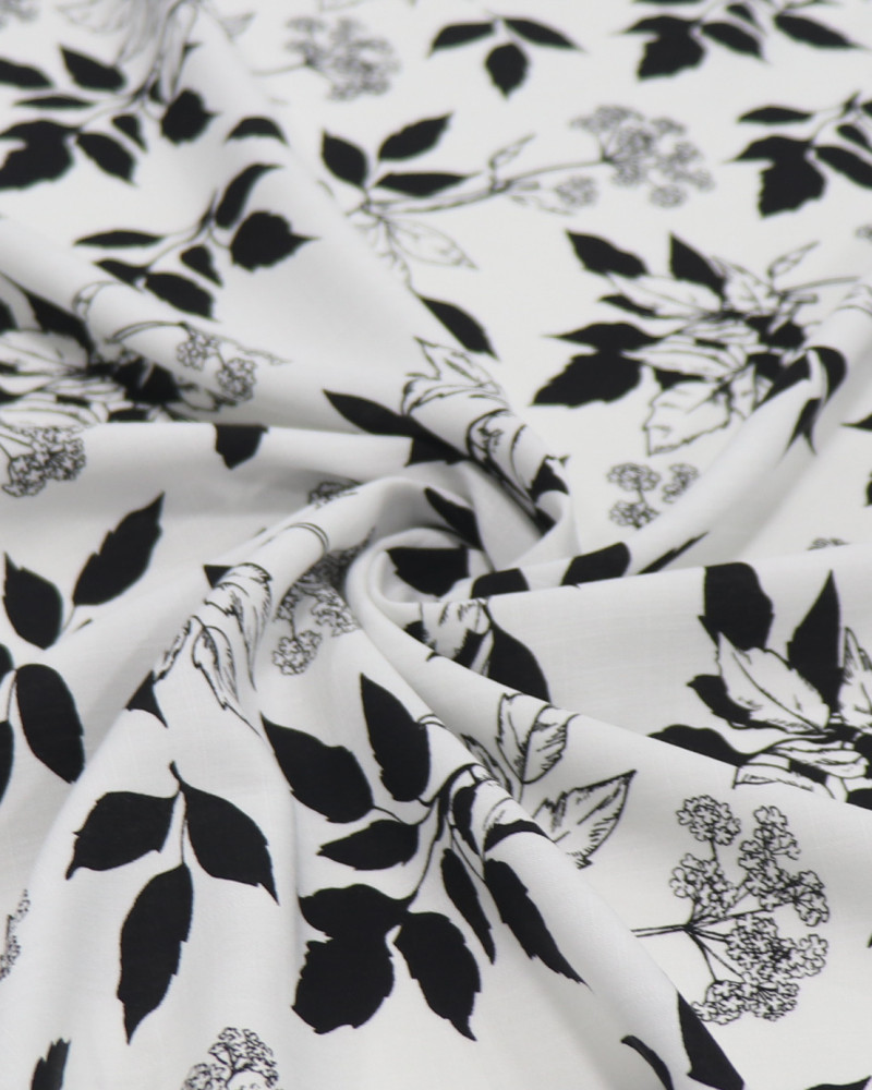 Tecido Viscose Texturizada Ramos de Folhas e Flores P/B