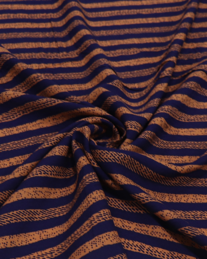 Tecido Viscose Texturizada Listras Estampadas Laranja e Azul Marinho