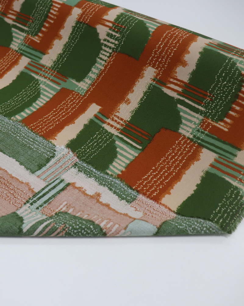 Tecido Viscose Listras e Formas Geométricas Abstrato Terracota e Verde Musgo