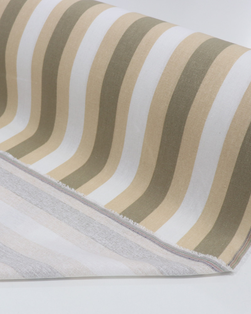 Tecido Linho Misto Estampado Listras Verde, Bege e Offwhite (COM DETALHES)