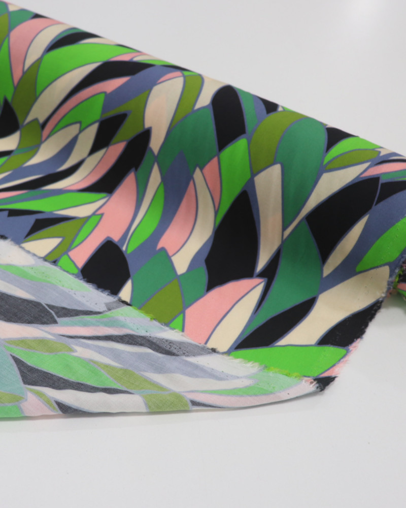 Tecido Viscose Italiano Folhas Abstratas Sobrepostas Colorido (COM DETALHES)