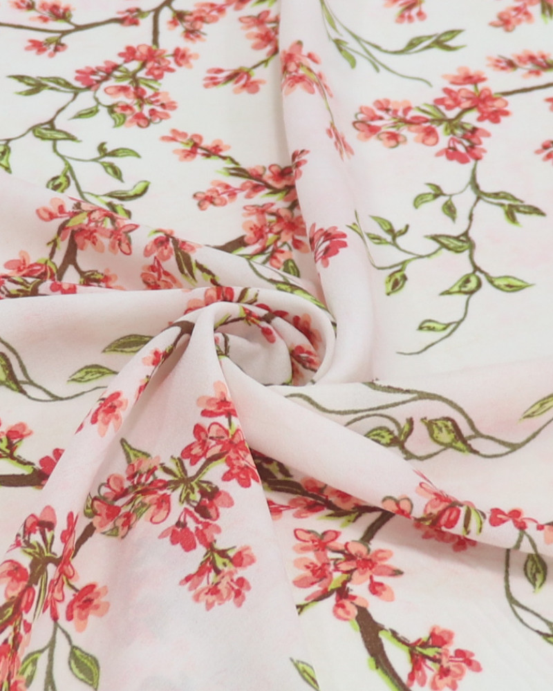 Tecido Crepe Koshibo Leve Ramos Florais Rosa e Branco (COM DETALHES)