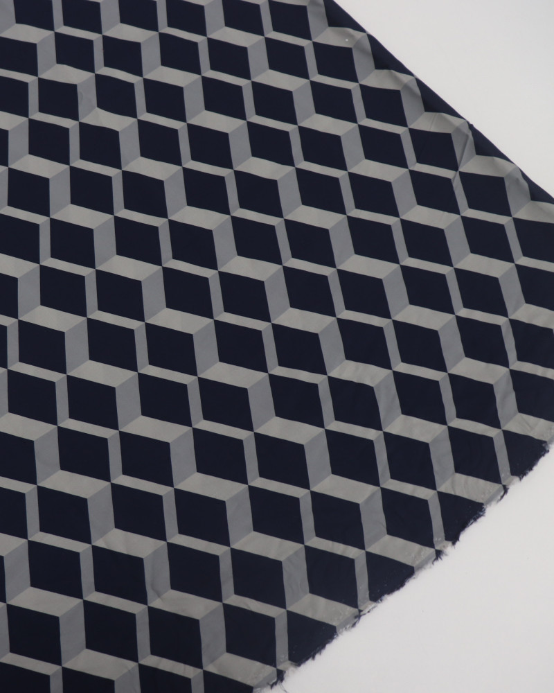 Tecido Viscose Italiano Geométrico 3D Cinza e Azul Marinho (COM DETALHES)