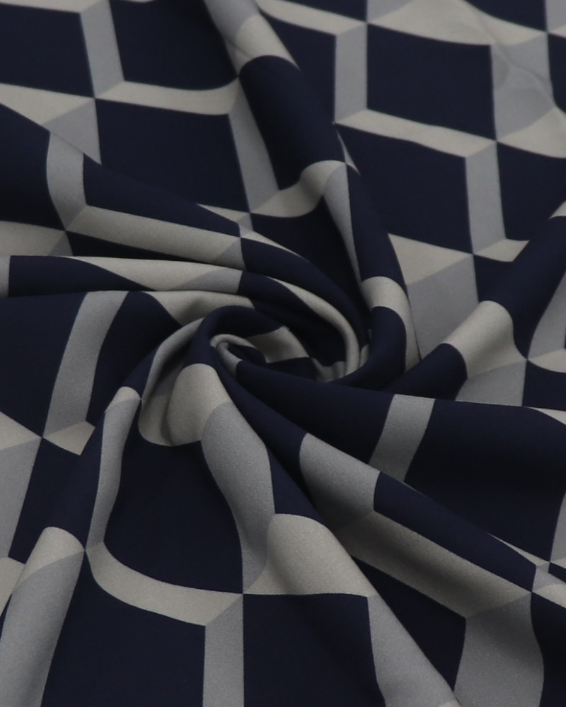 Tecido Viscose Italiano Geométrico 3D Cinza e Azul Marinho (COM DETALHES)