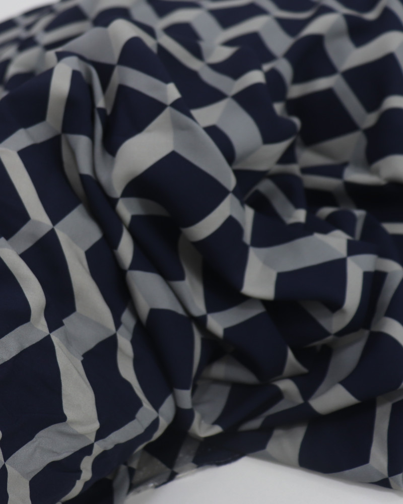 Tecido Viscose Italiano Geométrico 3D Cinza e Azul Marinho (COM DETALHES)