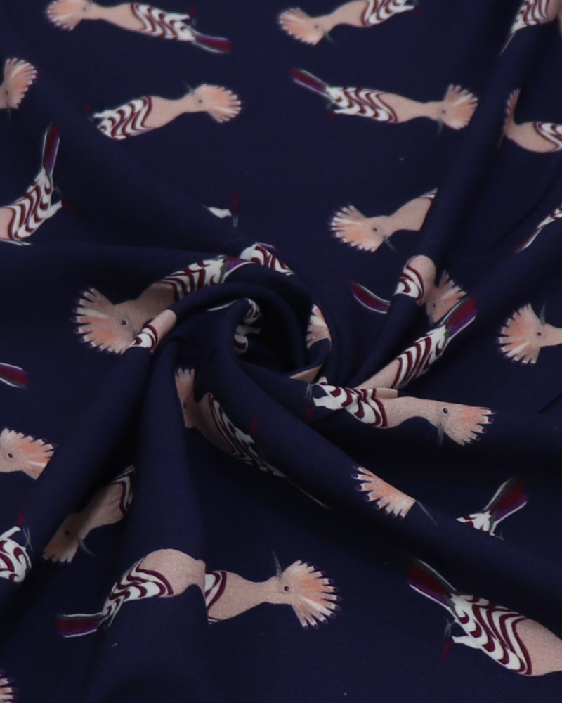 Tecido Viscose Pássaros Rosa, Branco e Azul Marinho (COM DETALHES)