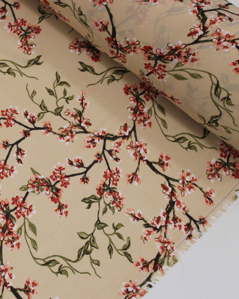 Tecido Crepe Koshibo Leve Ramos Florais Colorido e Bege