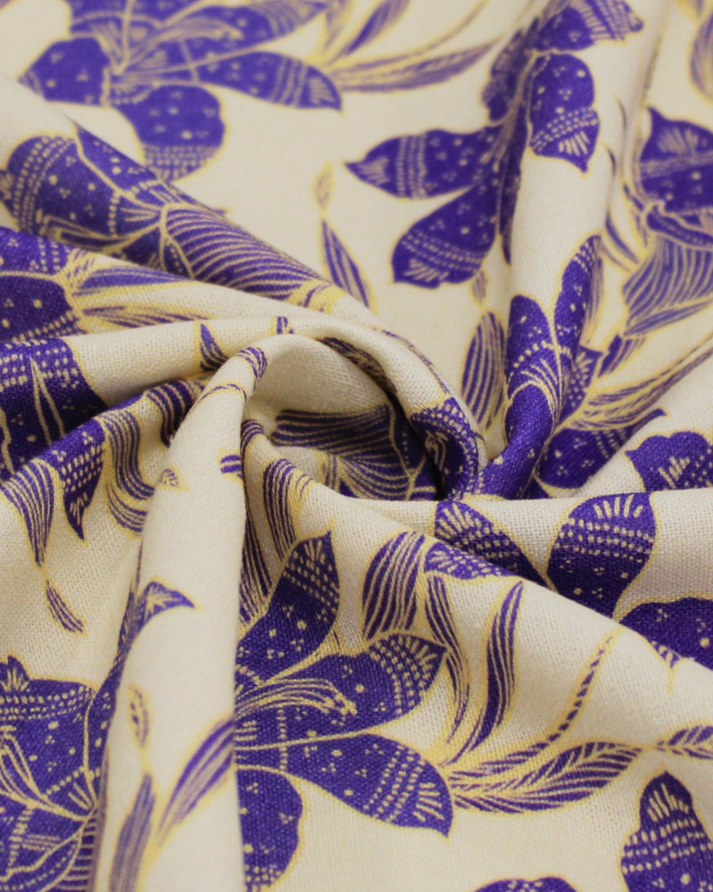 Tecido Linho Misto Premium Campo de Lírios Roxo e Creme