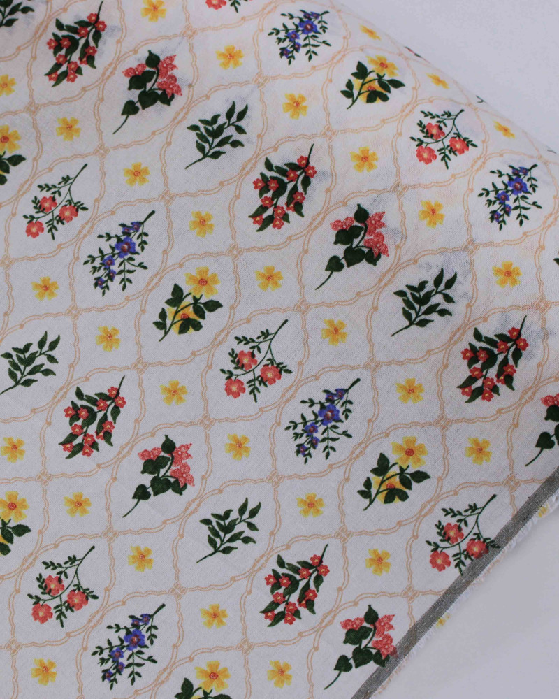 Tecido Linho Misto Estampado Multi Floral Contornado Colorido e Bege