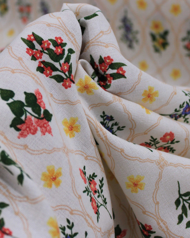 Tecido Linho Misto Estampado Multi Floral Contornado Colorido e Bege