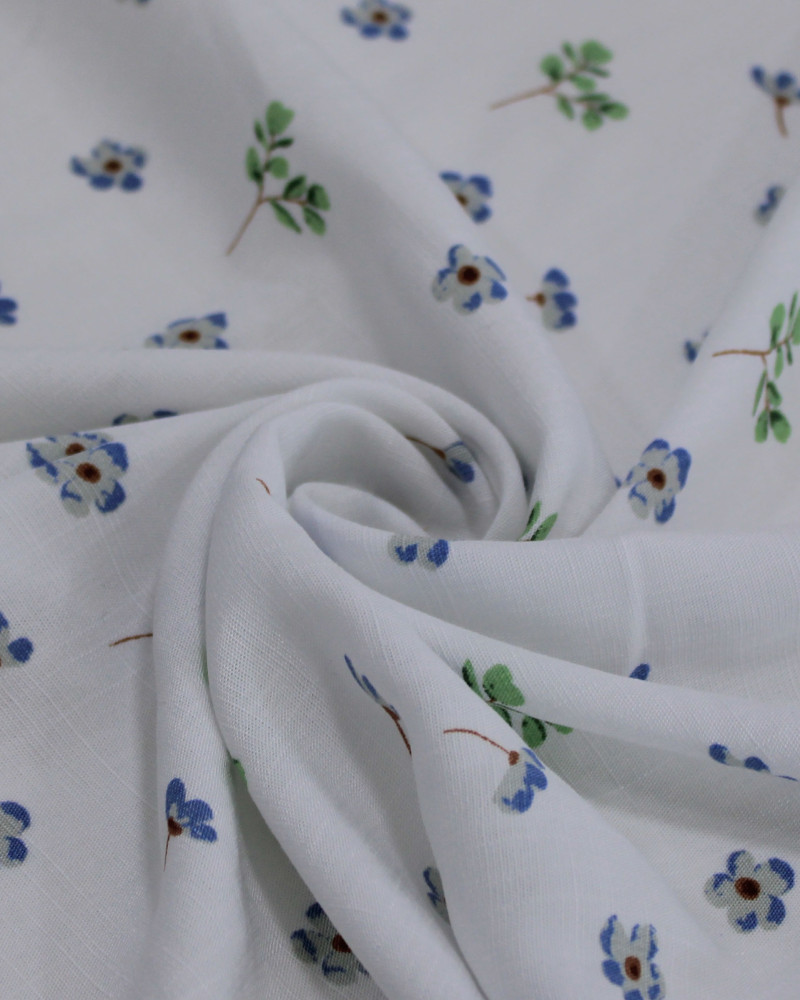 Tecido Viscose Texturizada Micro Ramos e Flores Verde, Azul e Branco