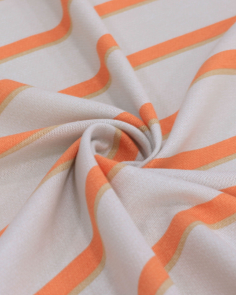 Tecido Linho Misto Estampado Listras Duplas Nude, Coral e Cinza Ártico