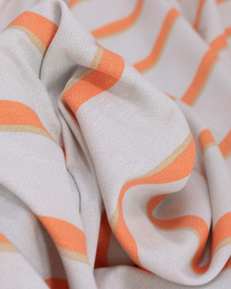 Tecido Linho Misto Estampado Listras Duplas Nude, Coral e Cinza Ártico