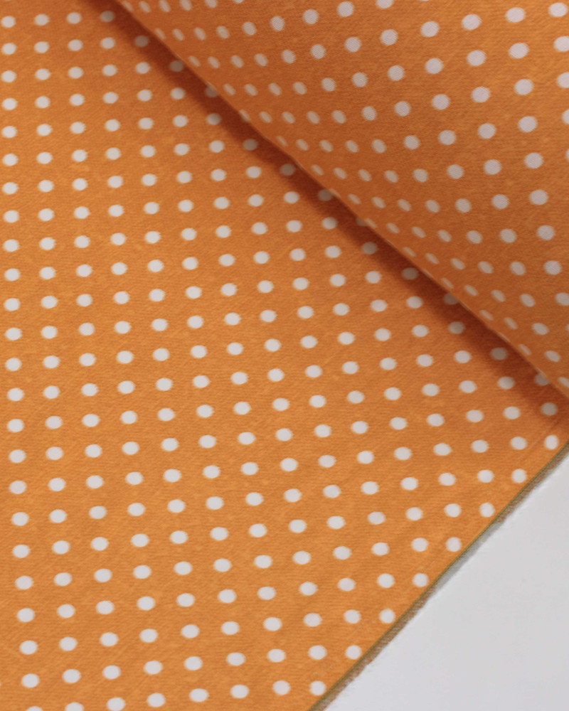 Tecido Linho Misto Estampado Micro Poá Branco e Tons de Laranja