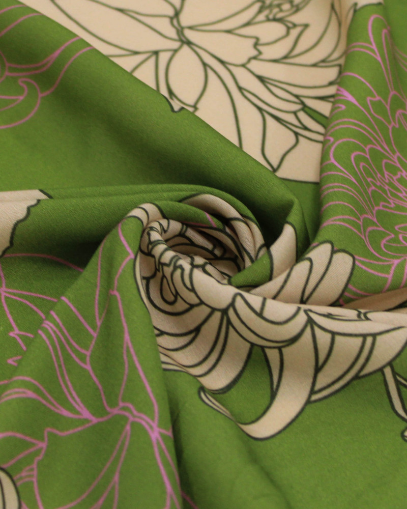 Tecido Viscose Premium Macro Ramos Bege, Rosa e Verde Oliva