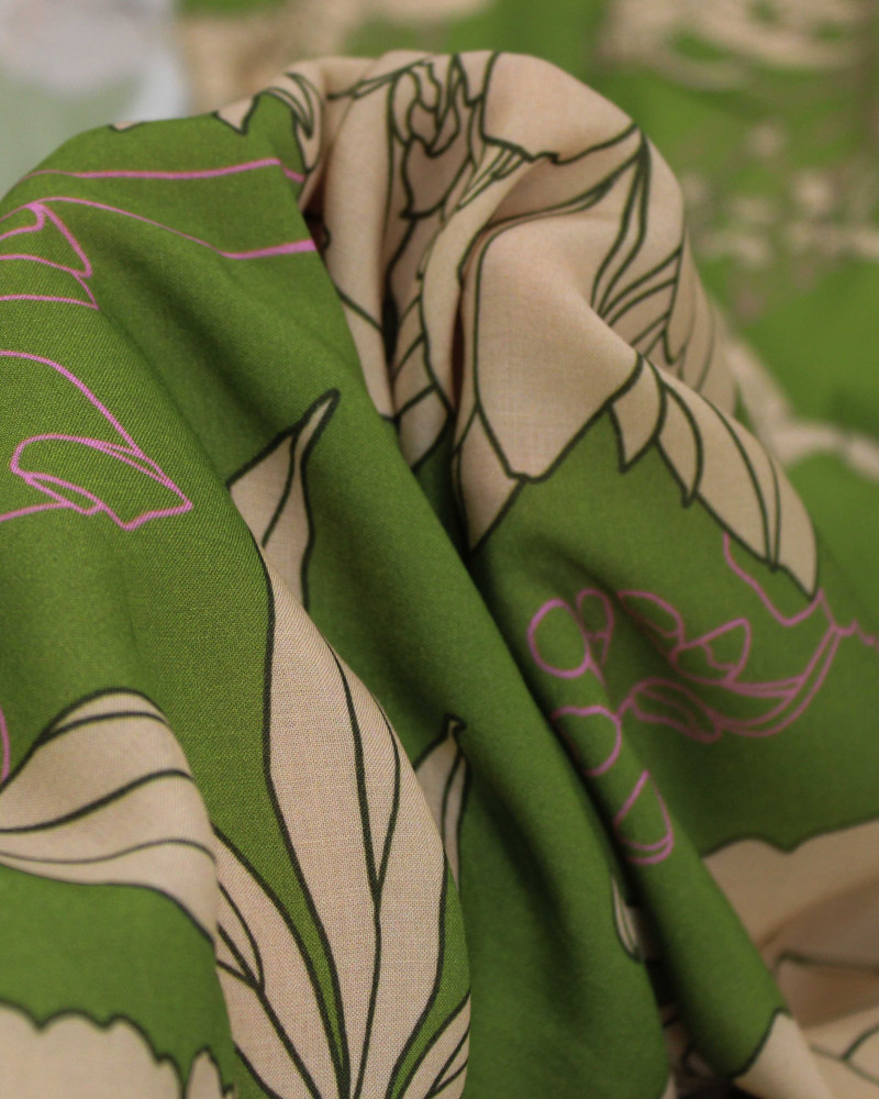 Tecido Viscose Premium Macro Ramos Bege, Rosa e Verde Oliva