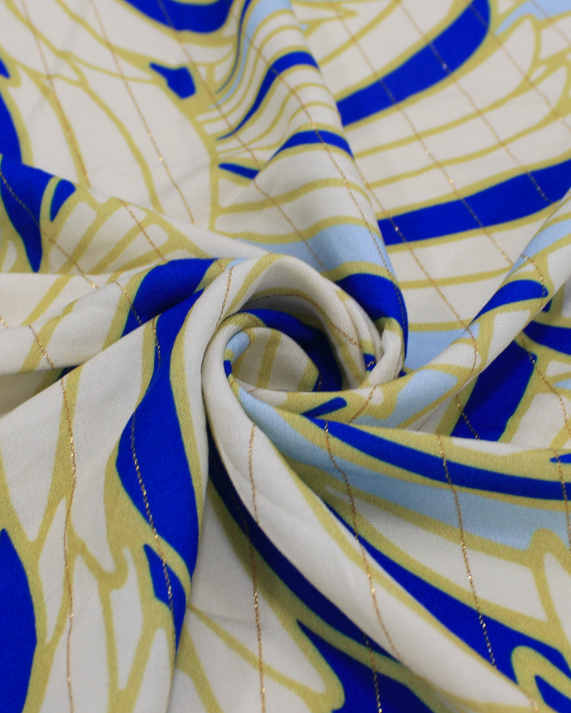 Tecido Viscose Premium Pétalas Cruvas Com Lurex Tons de Azul, Amarelo e Creme