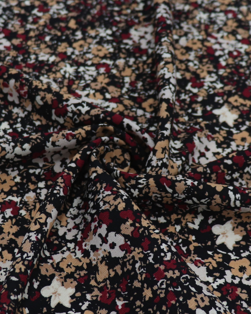 Tecido Viscose Texturizada Micro Tapete Floral Marsala, Bege e Preto