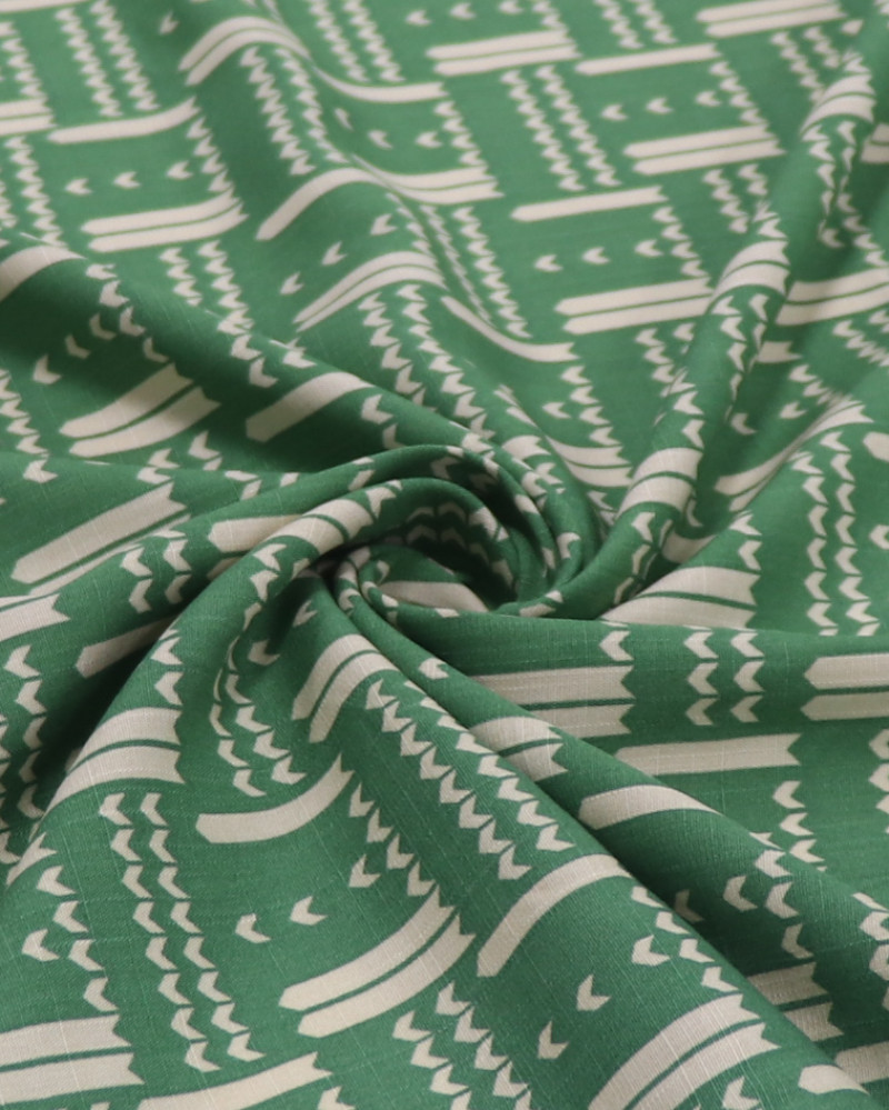 Tecido Viscose Texturizada Geométrico creme e Verde