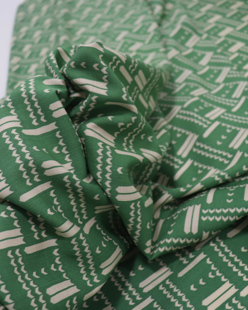 Tecido Viscose Texturizada Geométrico creme e Verde