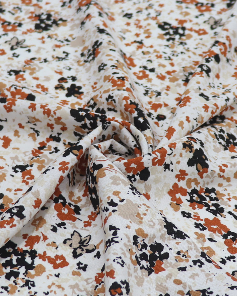 Tecido Viscose Texturizada Micro Tapete Floral Terracota, Preto e Branco