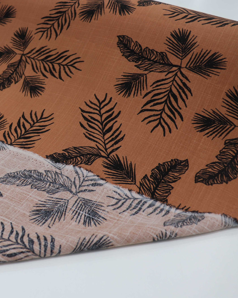 Tecido Viscose Texturizada Multi Folhagens Preto e Argila
